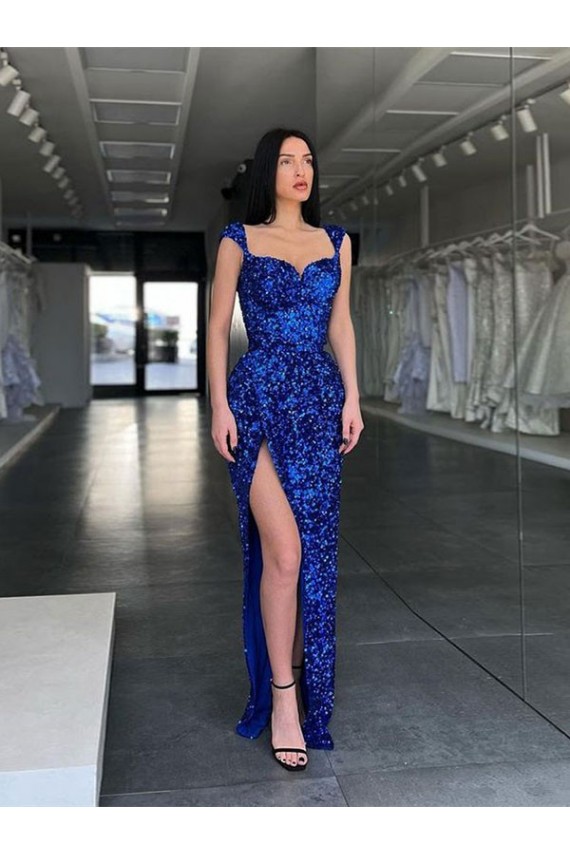 Azul real Cubierta Tirantes espagueti Barrer tren Lentejuelas Terciopelo Largo Vestidos de fiesta