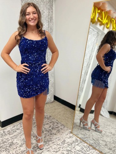 Azul real Cubierta Tirantes espagueti Corto Lentejuelas Terciopelo Corto Vestidos de fiesta