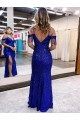Azul real Cubierta Tirantes espagueti Cuello en V Lentejuelas Terciopelo Largo Vestidos de fiesta