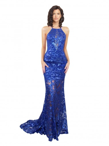 Azul real Sirena Cuello Alto Encaje Largo Vestidos de dama de honor / Vestidos de fiesta