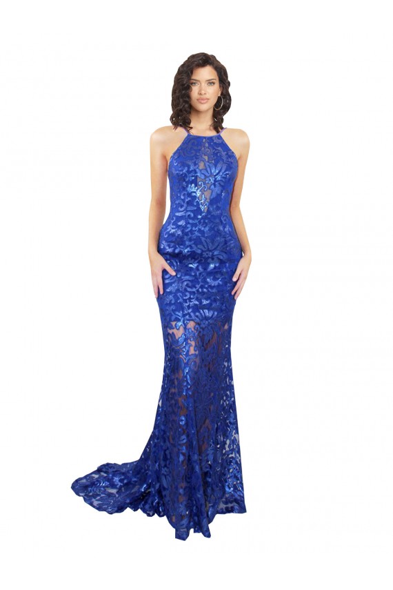Azul real Sirena Cuello Alto Encaje Largo Vestidos de dama de honor / Vestidos de fiesta