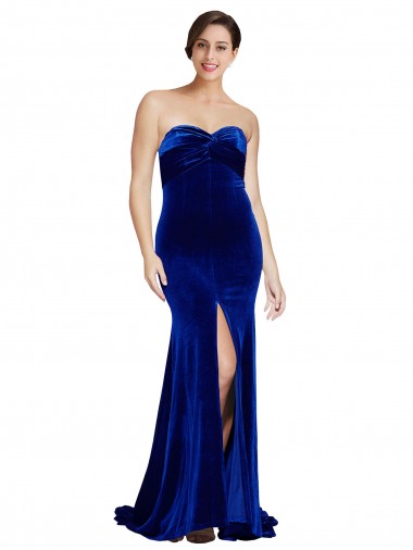 Azul real Sirena Cuello de Corazón Sin tirantes Barrer tren Terciopelo Elástico Largo Formales Vestidos de dama de honor / Vestidos de fiesta