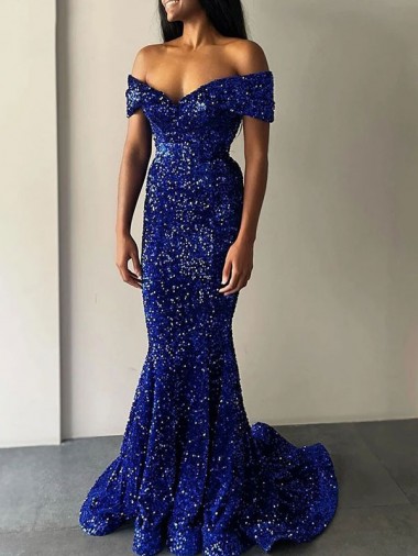 Azul real Sirena Hombros Descubiertos Barrer tren Lentejuelas Terciopelo Largo Vestidos de fiesta