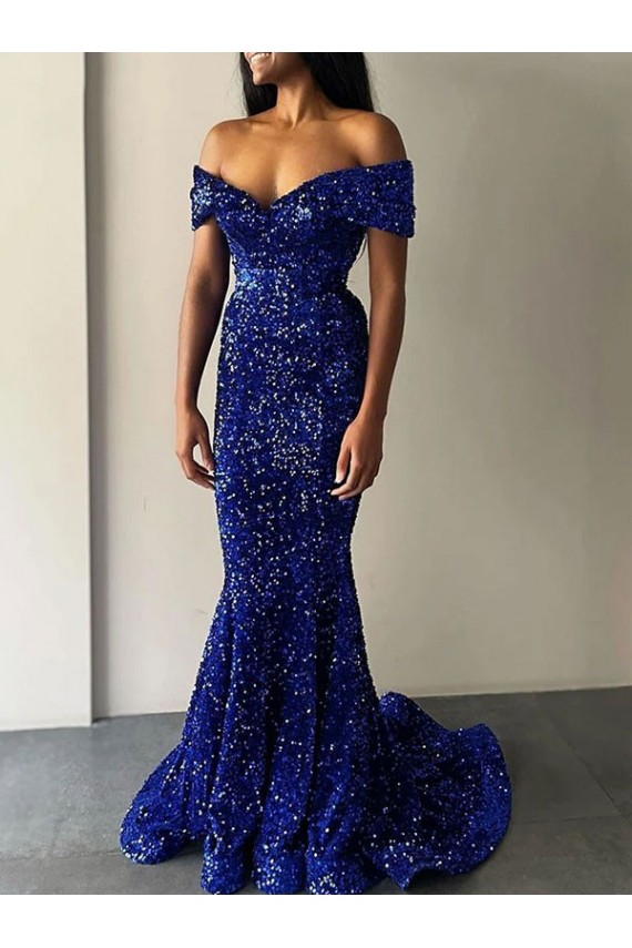 Azul real Sirena Hombros Descubiertos Barrer tren Lentejuelas Terciopelo Largo Vestidos de fiesta