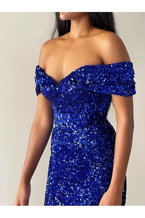 Azul real Sirena Hombros Descubiertos Barrer tren Lentejuelas Terciopelo Largo Vestidos de fiesta