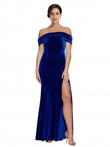 Azul real Sirena Hombros Descubiertos Terciopelo Elástico Largo Formales Vestidos de dama de honor / Vestidos de fiesta