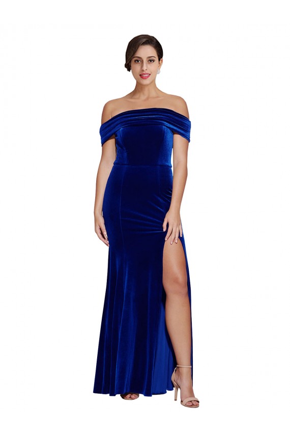 Azul real Sirena Hombros Descubiertos Terciopelo Elástico Largo Formales Vestidos de dama de honor / Vestidos de fiesta