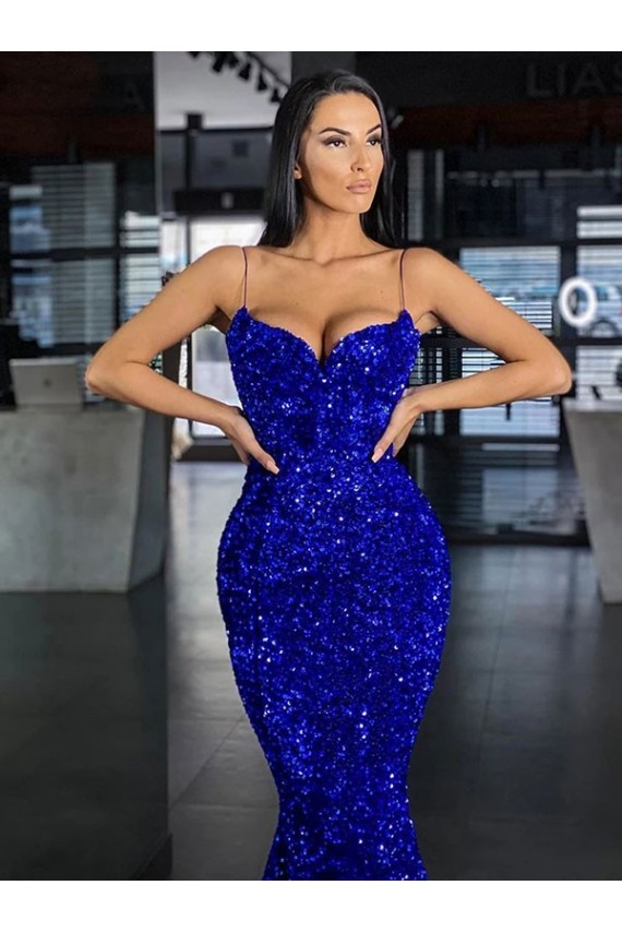 Azul real Sirena Tirantes espagueti Barrer tren Lentejuelas Terciopelo Largo Vestidos de fiesta