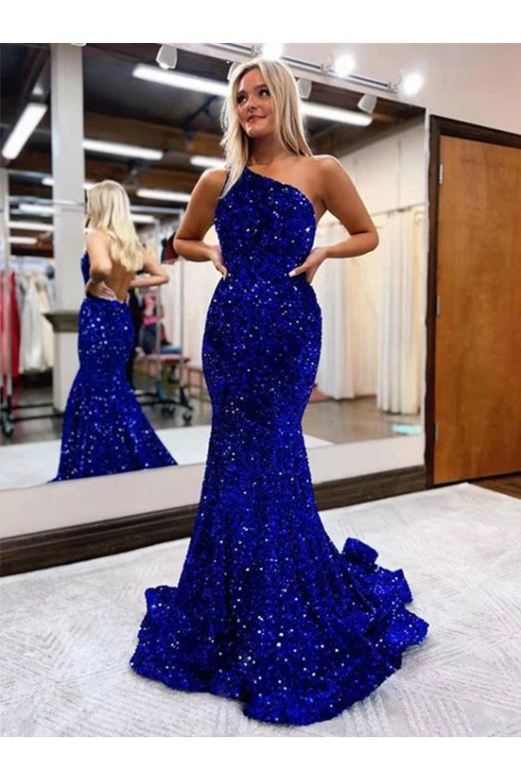Azul real Sirena Un Hombre Barrer tren Lentejuelas Terciopelo Largo Vestidos de fiesta