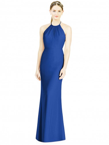 Azul real Trompeta Halter Cuello Alto Gasa Largo Vestidos de dama de honor