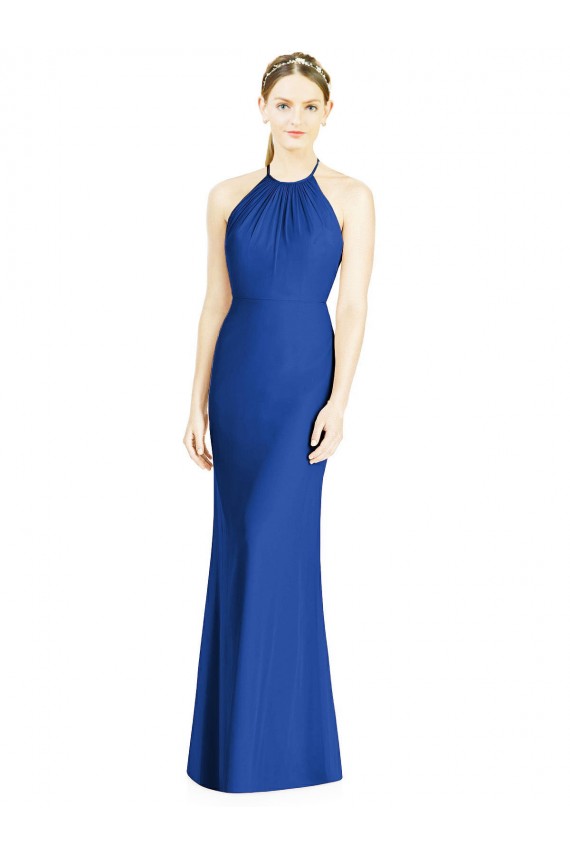 Azul real Trompeta Halter Cuello Alto Gasa Largo Vestidos de dama de honor