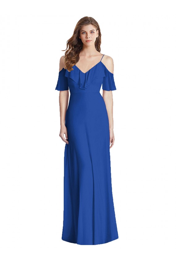Azul real Trompeta Tirantes espagueti Cuello en V Gasa Largo Vestidos de dama de honor