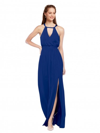 Azul real línea A Cuello Alto Gasa Largo Vestidos de dama de honor