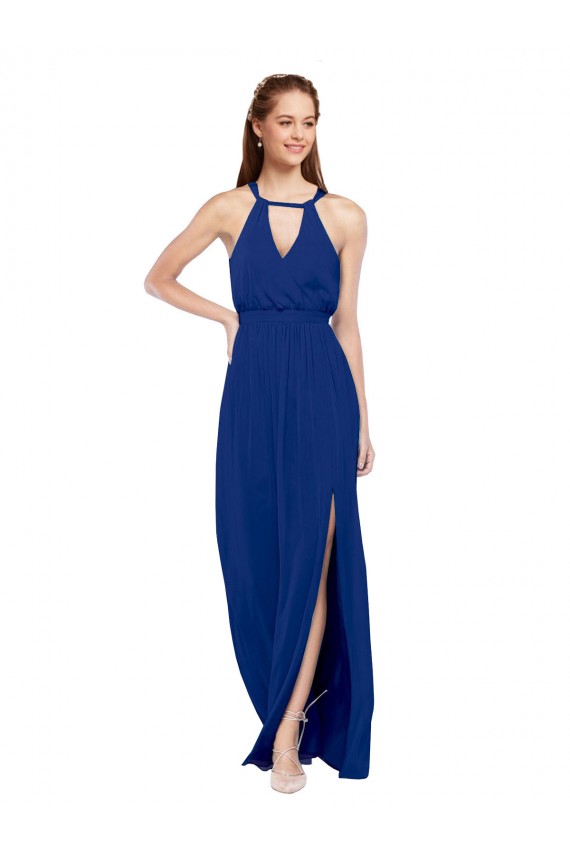 Azul real línea A Cuello Alto Gasa Largo Vestidos de dama de honor