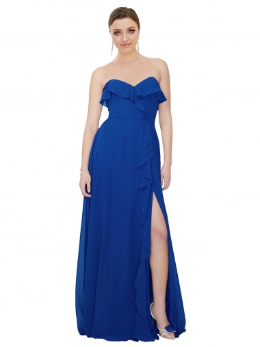 Azul real línea A Cuello de Corazón Sin tirantes Gasa Largo Vestidos de dama de honor