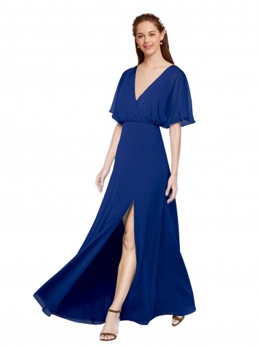 Azul real línea A Cuello en V Gasa Largo Vestidos de dama de honor