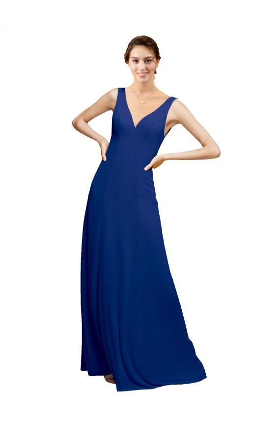 Azul real línea A Cuello en V Gasa Largo Vestidos de dama de honor