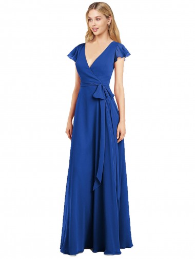 Azul real línea A Cuello en V Gasa Largo Vestidos de dama de honor