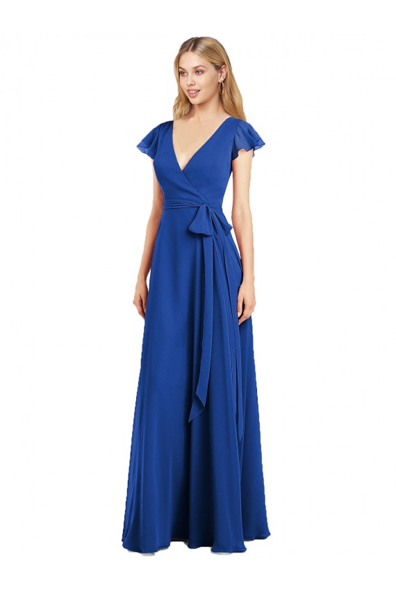 Azul real línea A Cuello en V Gasa Largo Vestidos de dama de honor