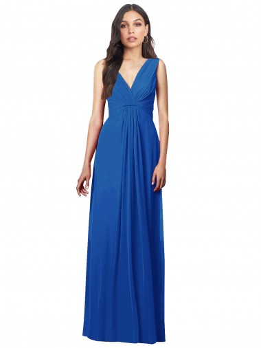 Azul real línea A Cuello en V Gasa Largo Vestidos de dama de honor