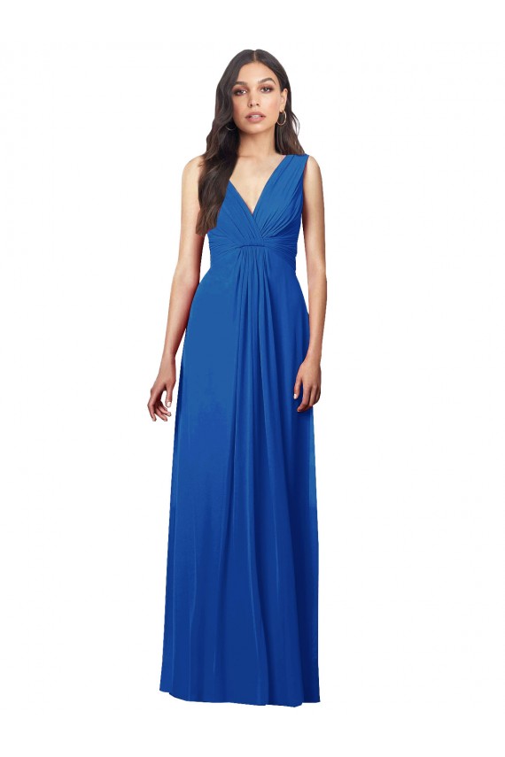 Azul real línea A Cuello en V Gasa Largo Vestidos de dama de honor
