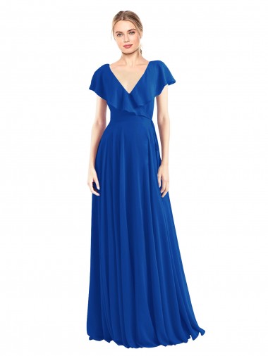 Azul real línea A Cuello en V Gasa Largo Vestidos de dama de honor