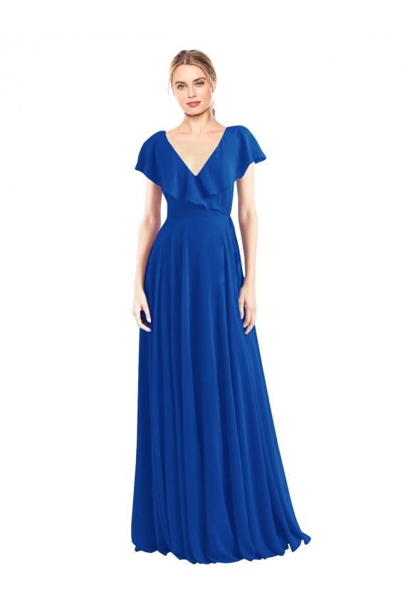 Azul real línea A Cuello en V Gasa Largo Vestidos de dama de honor