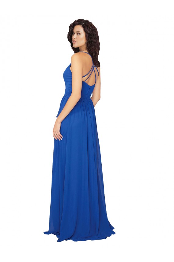 Azul real línea A Cuello en V Gasa Largo Vestidos de dama de honor