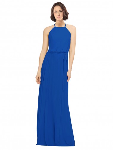Azul real línea A Cuello joya Gasa Largo Vestidos de dama de honor