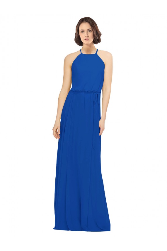 Azul real línea A Cuello joya Gasa Largo Vestidos de dama de honor