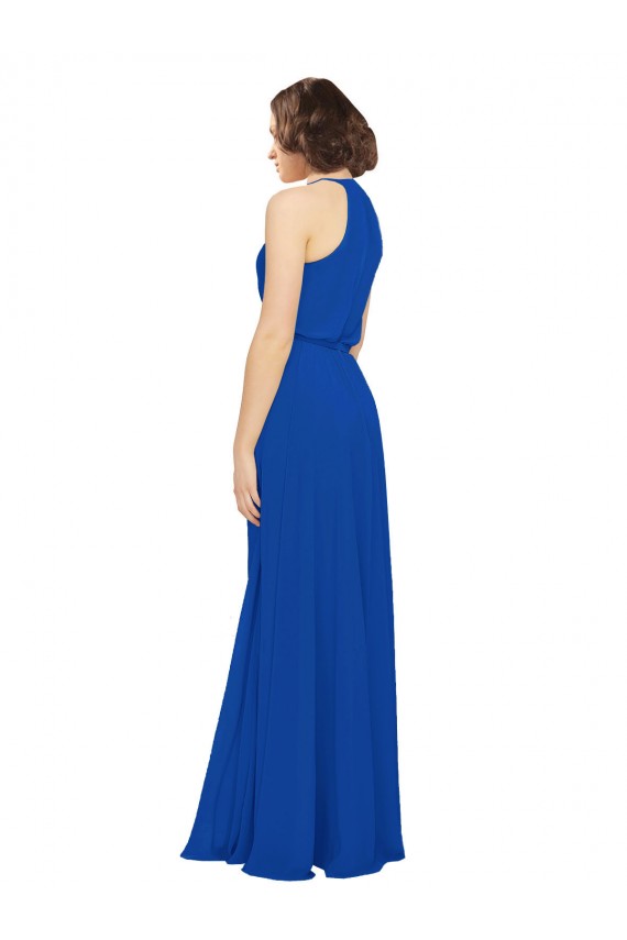 Azul real línea A Cuello joya Gasa Largo Vestidos de dama de honor