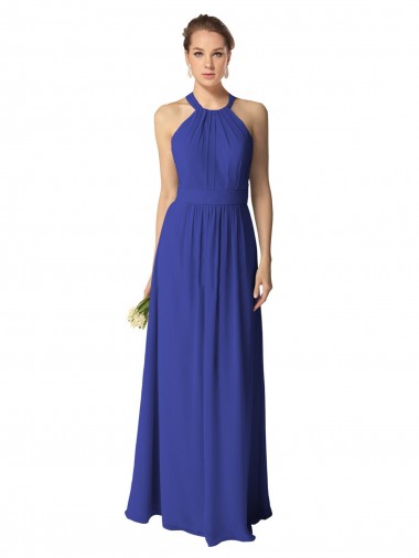 Azul real línea A Halter Gasa Largo Vestidos de dama de honor