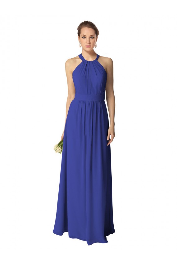Azul real línea A Halter Gasa Largo Vestidos de dama de honor