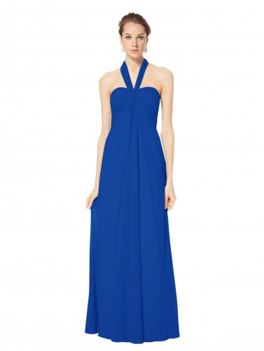 Azul real línea A Halter Gasa Largo Vestidos de dama de honor