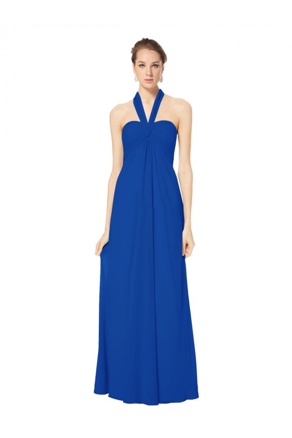 Azul real línea A Halter Gasa Largo Vestidos de dama de honor