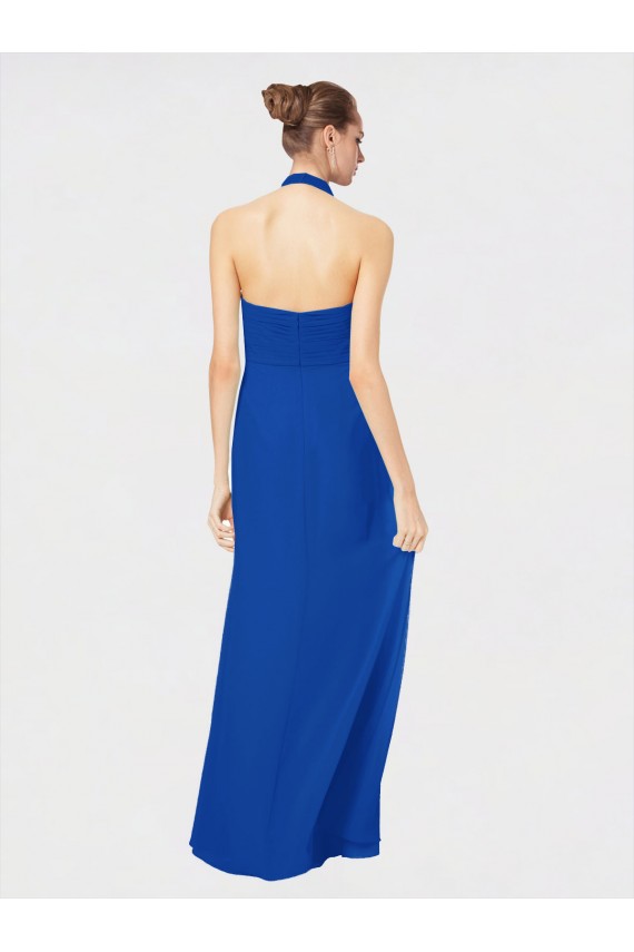 Azul real línea A Halter Gasa Largo Vestidos de dama de honor