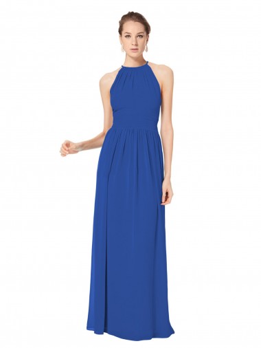 Azul real línea A Halter Gasa Largo Vestidos de dama de honor