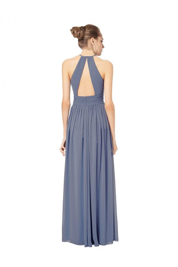 Azul real línea A Halter Gasa Largo Vestidos de dama de honor