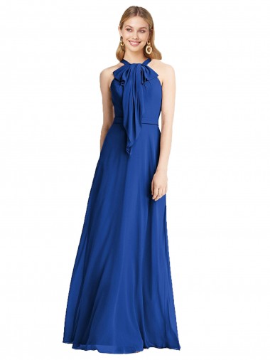 Azul real línea A Halter Gasa Largo Vestidos de dama de honor