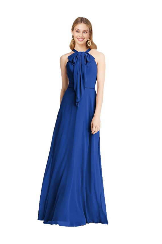Azul real línea A Halter Gasa Largo Vestidos de dama de honor