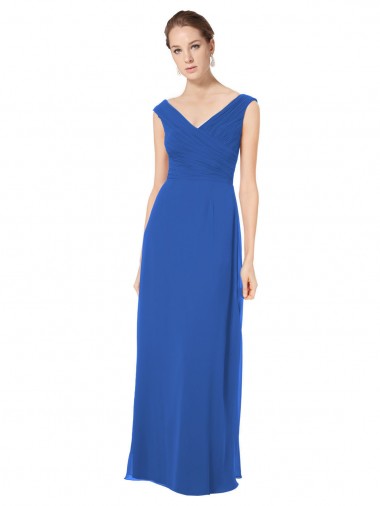 Azul real línea A Hombros Descubiertos Cuello en V Gasa Largo Vestidos de dama de honor
