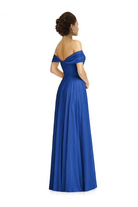 Azul real línea A Hombros Descubiertos Gasa Largo Vestidos de dama de honor