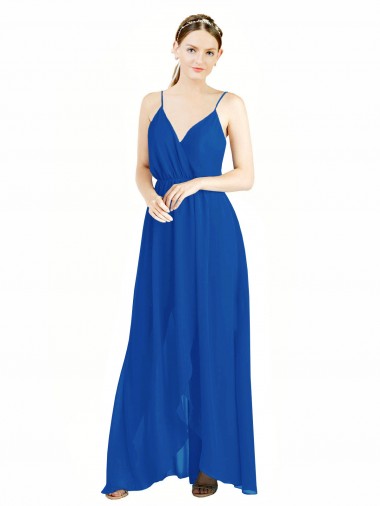Azul real línea A Tirantes espagueti Cuello en V Gasa Largo Vestidos de dama de honor