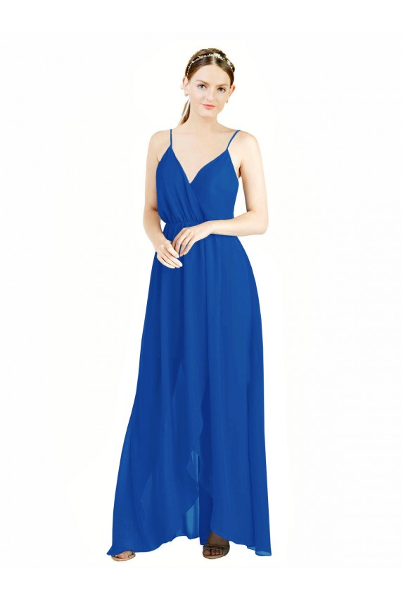Azul real línea A Tirantes espagueti Cuello en V Gasa Largo Vestidos de dama de honor