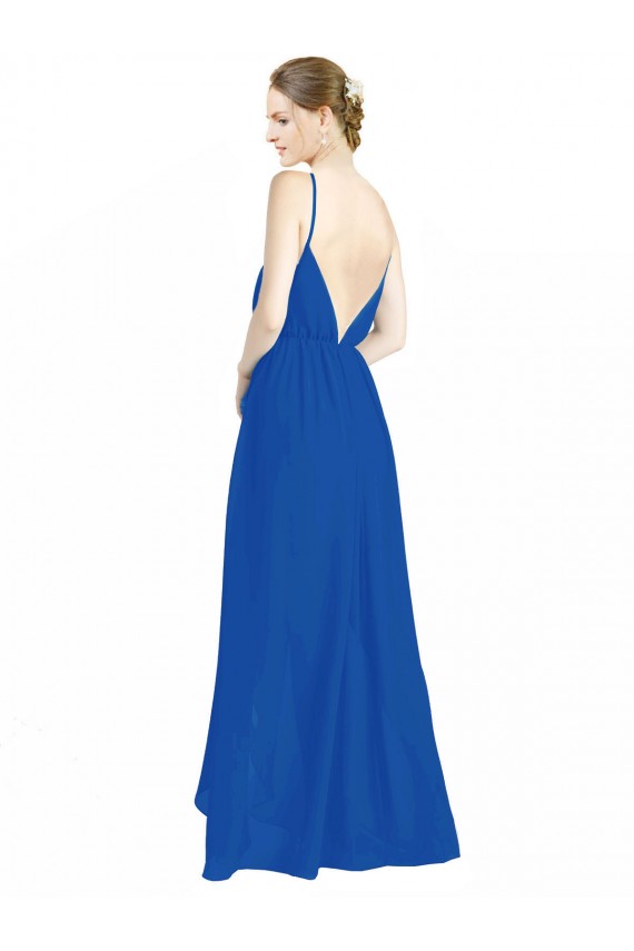 Azul real línea A Tirantes espagueti Cuello en V Gasa Largo Vestidos de dama de honor
