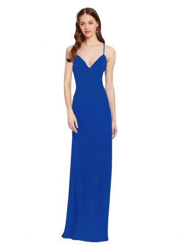 Azul real línea A Tirantes espagueti Cuello en V Gasa Largo Vestidos de dama de honor