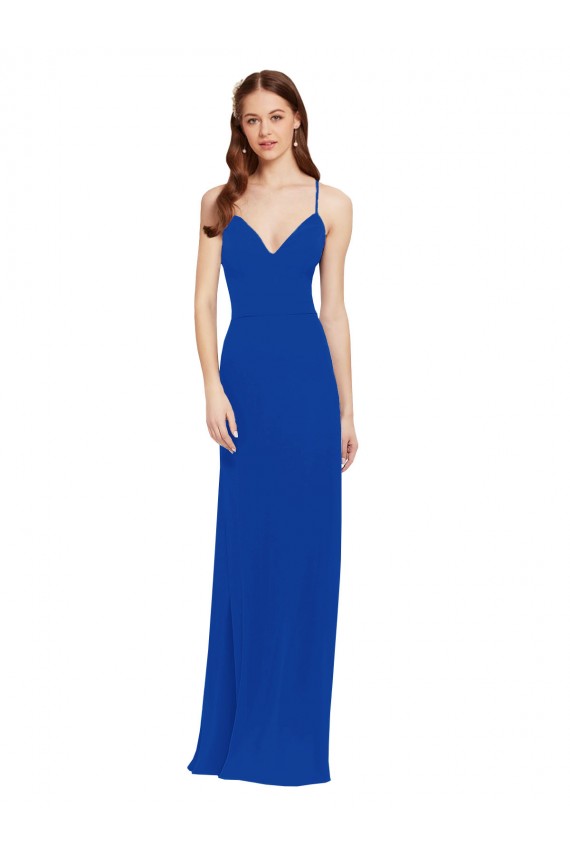 Azul real línea A Tirantes espagueti Cuello en V Gasa Largo Vestidos de dama de honor