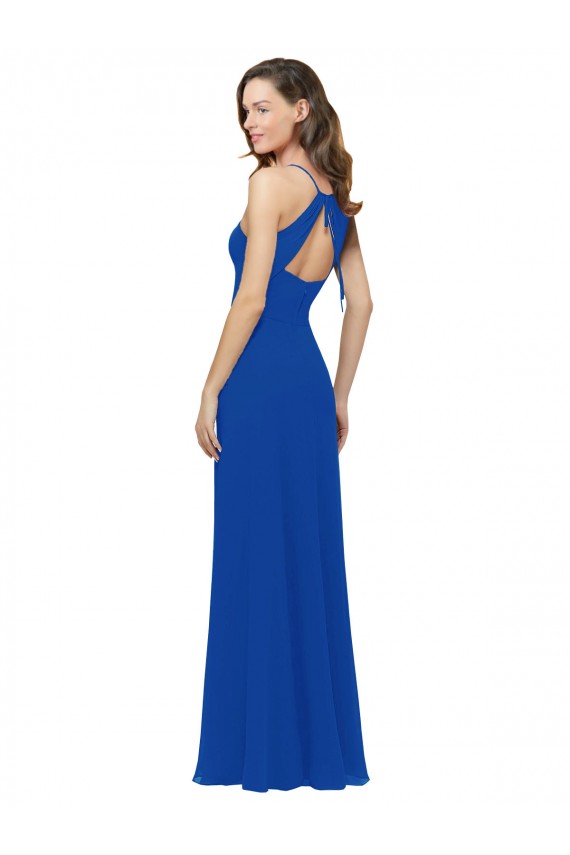 Azul real línea A Tirantes espagueti Cuello en V Gasa Largo Vestidos de dama de honor