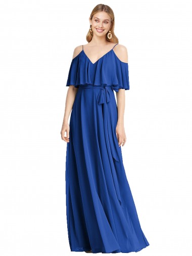 Azul real línea A Tirantes espagueti Cuello en V Gasa Largo Vestidos de dama de honor
