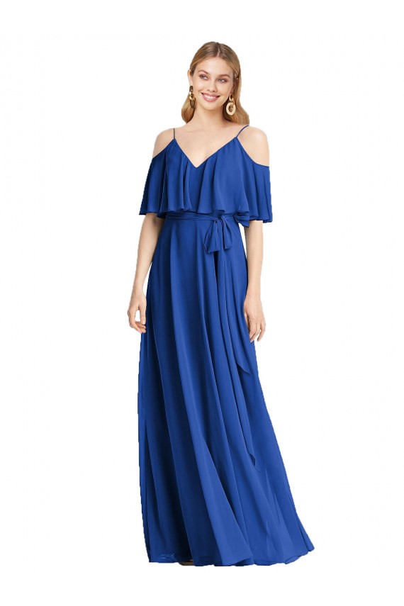 Azul real línea A Tirantes espagueti Cuello en V Gasa Largo Vestidos de dama de honor
